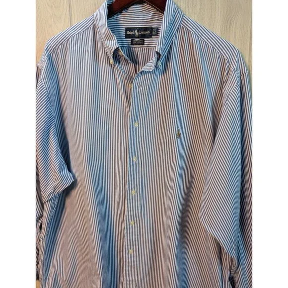 Vtg Ralph Lauren Shirt 17.5 35 Yarmouth 100% cotton Striped Blue Long Sleeve - Picture 2 of 7